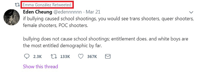 Emma Gonzalez Retweets Message Blaming "White Boys' Entitlement" As Cause Of All School Shootings