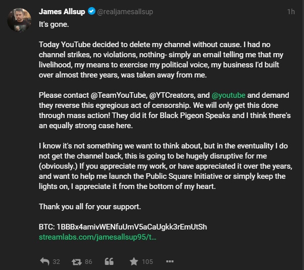 YouTube Bans James Allsup And Tons Of Other Right-Wingers In Latest Censorship Purge